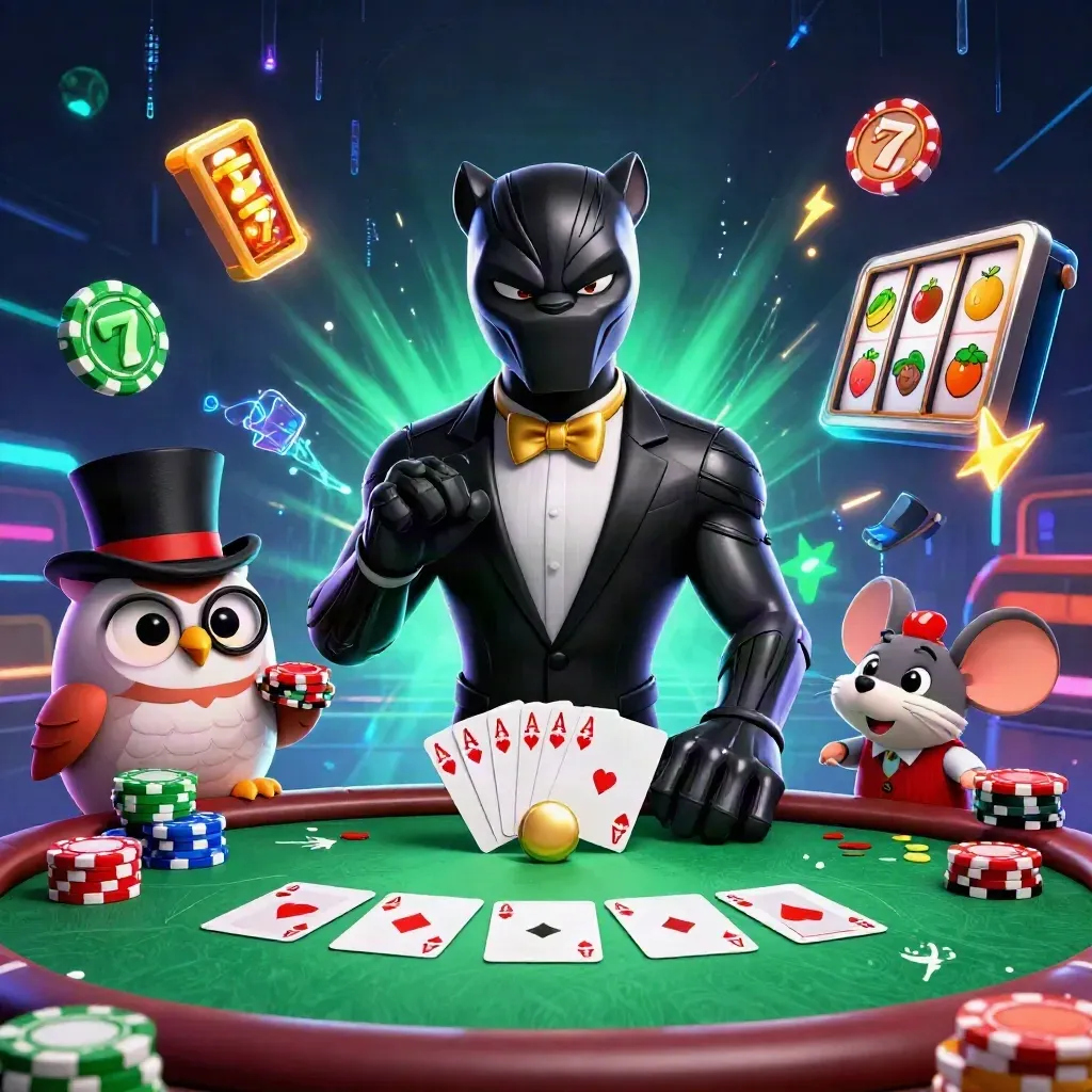 Pantera, coruja e rato jogam pôquer entre fichas, cartas e brilhos de jade neon.