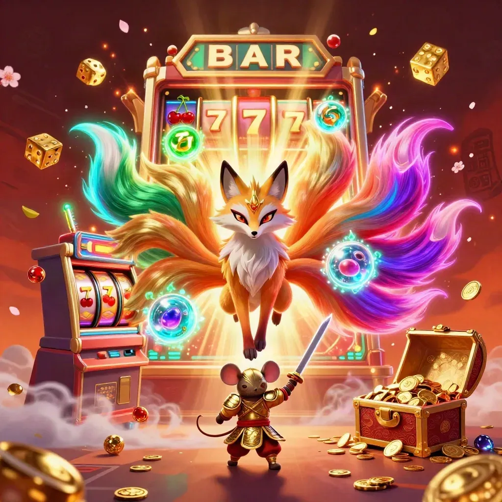 Raposa espiritual de nove caudas com rato samurai, caça-níqueis e tesouro em brilho neon.
