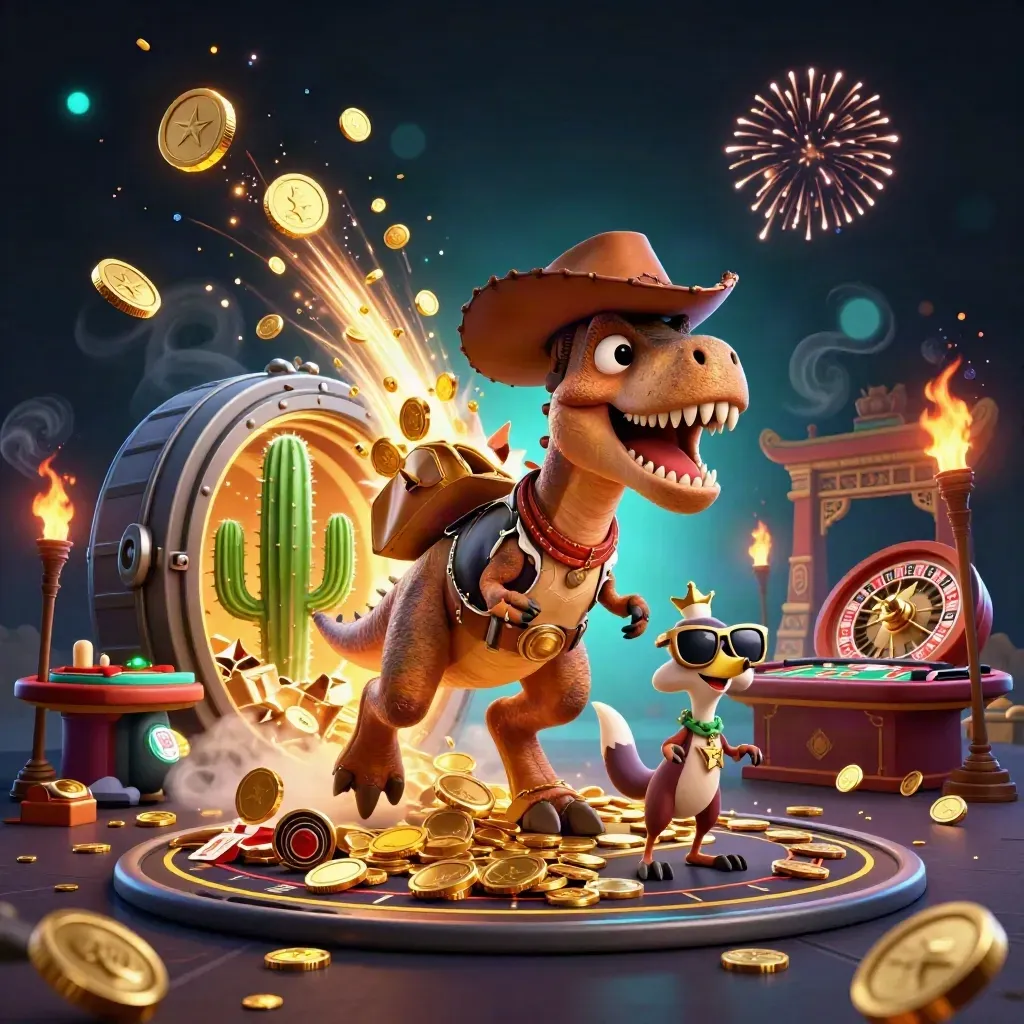 T-Rex cowboy, cacto e roadrunner celebram moedas, roleta e cartas em luxo neon.