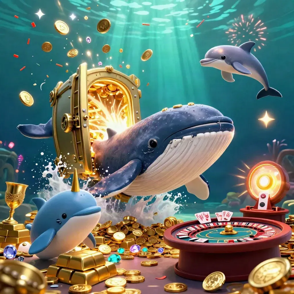 Baleia capitão, narval e golfinhos entre moedas, baú dourado, roleta, cartas e fogos no fundo.