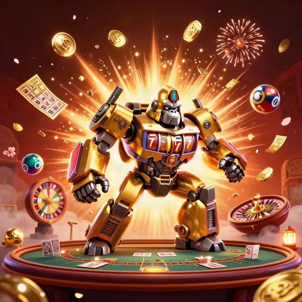 Mech-gorila dourado com macaco piloto, moedas e luzes de cassino explodindo ao redor.