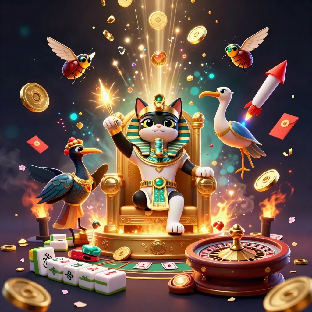 Gato faraó egípcio em trono dourado, moedas, fogos e elementos de cassino premium
