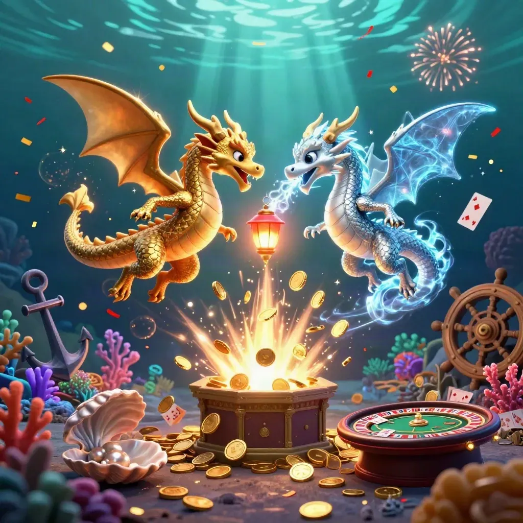 Dragões dourado e prateado sobre tesouro submarino com cartas, roleta e fogos.