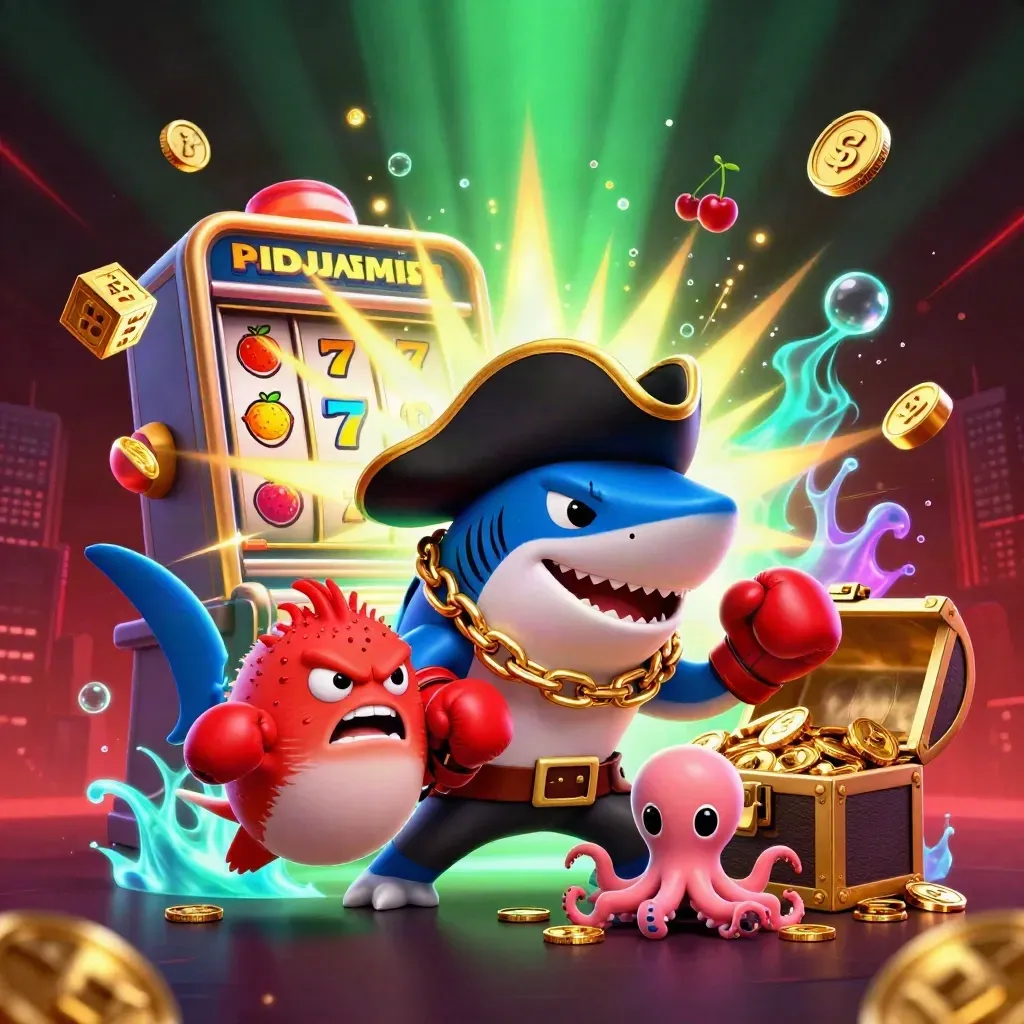 Shark pirata, baiacu raivoso e polvo bebê cercados por caça-níqueis e ouro reluzente.