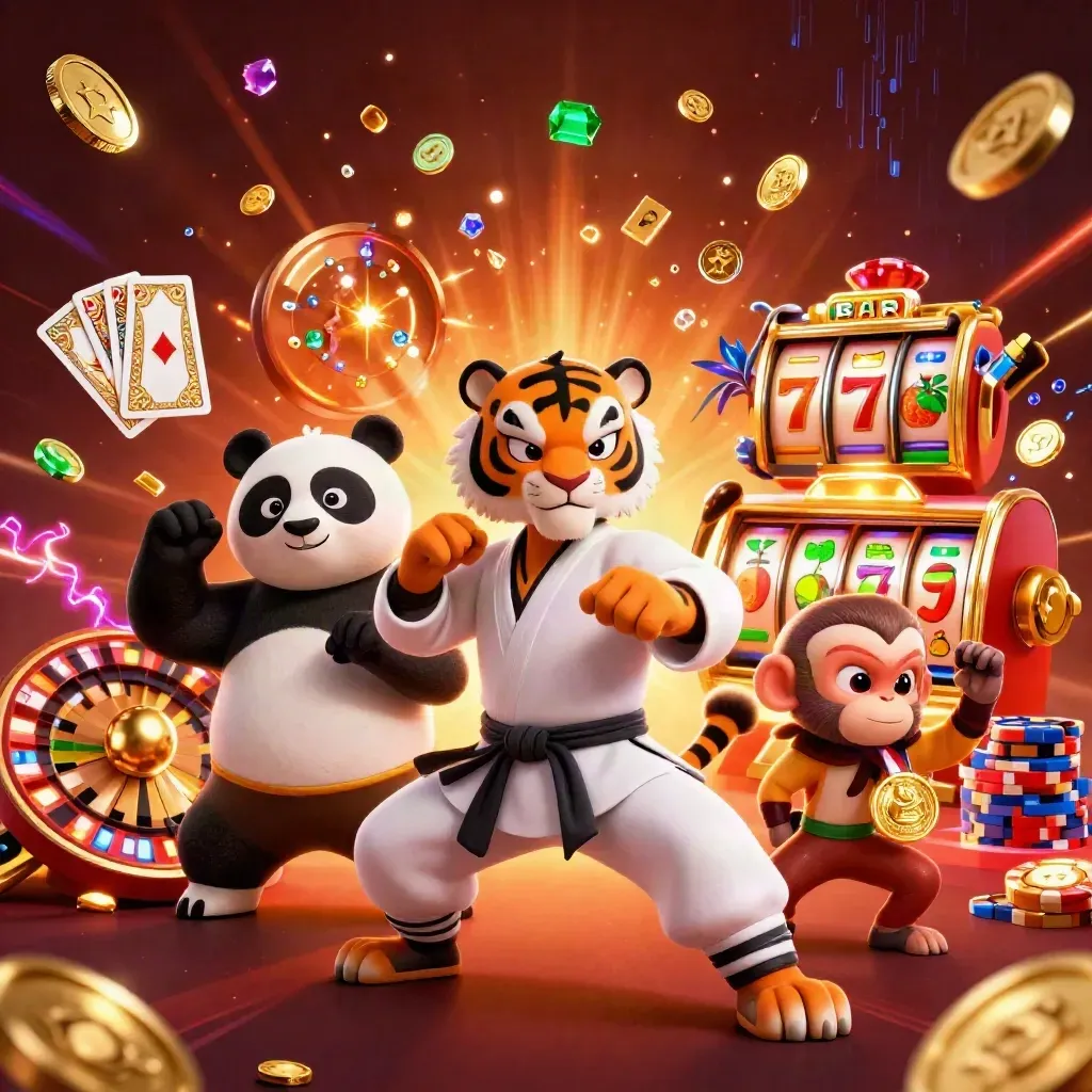 Tigre, panda e macaco kung-fu entre moedas, roleta e fichas em neon de luxo.