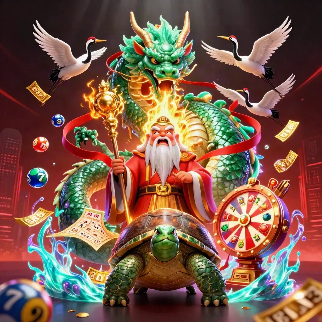 Dragão de jade, tartaruga sábia e grous com roleta, bolas e brilho neon.