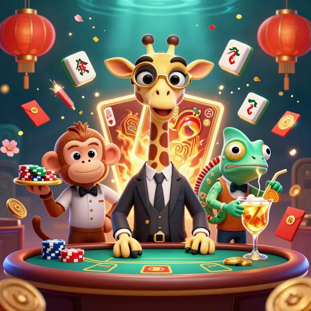 Girafa de terno, macaco e camaleão em mesa VIP com fichas, lanternas e brilho neon.