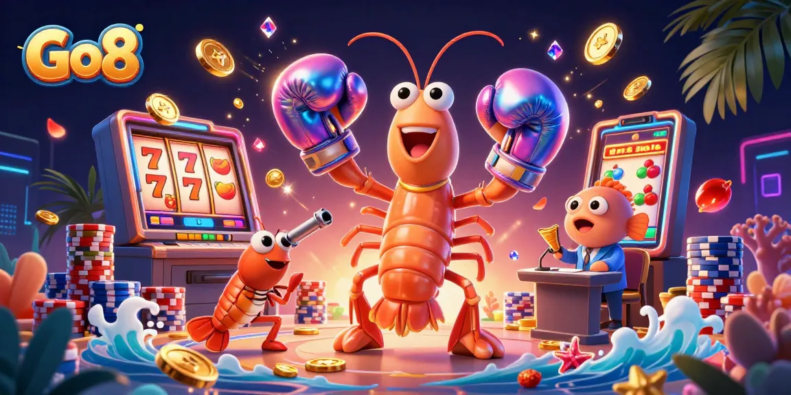 Go8 showcases vibrant casino excitement with animated characters winning in a colorful scene.