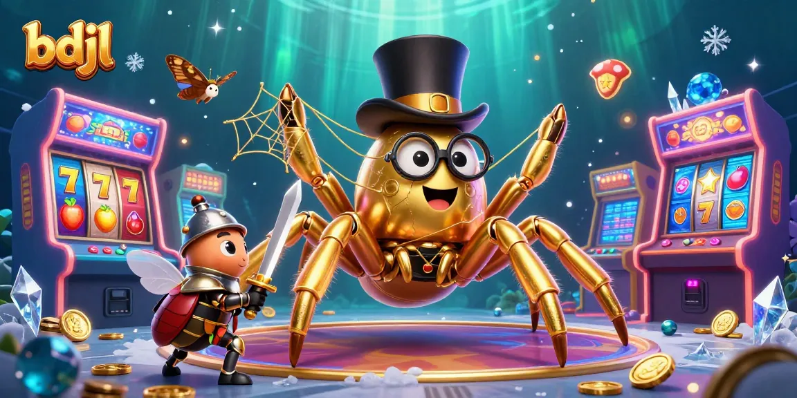 Engage with bdjl as a vibrant golden tarantula weaves a web among casino elements, showcasing slot reels and arcade games.