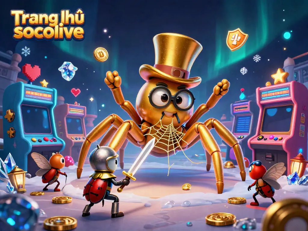 Experience thrilling gaming at Trang chủ socolive with a dynamic scene of a golden tarantula, a knight, and arcade elements.
