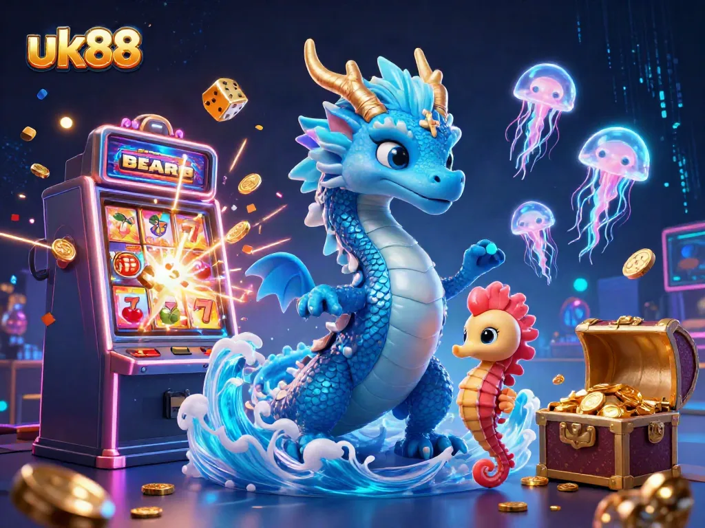 Experience thrilling gaming action with uk88's vibrant casino scene featuring a playful water dragon and seahorse knight.