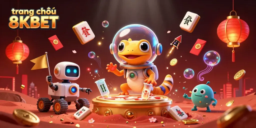 Experience the exciting journey at trang chủ 8KBET with a cartoon Martian gecko uncovering a golden casino.