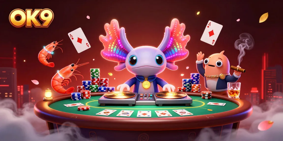 Experience the vibrant OK9 casino world with an energetic axolotl DJ and dynamic poker elements, celebrating gambling fun.
