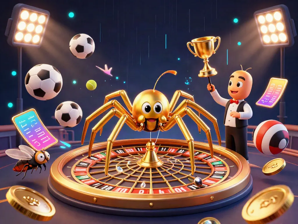 Experience thrilling bets at du88 as a golden spider spins a roulette wheel web surrounded by sports elements.