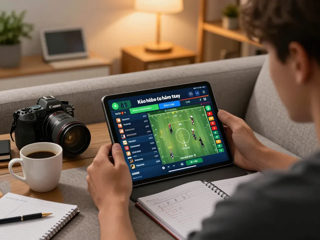 Kèo nhà cái hôm nay being analyzed on a tablet during a relaxed home sports betting session.