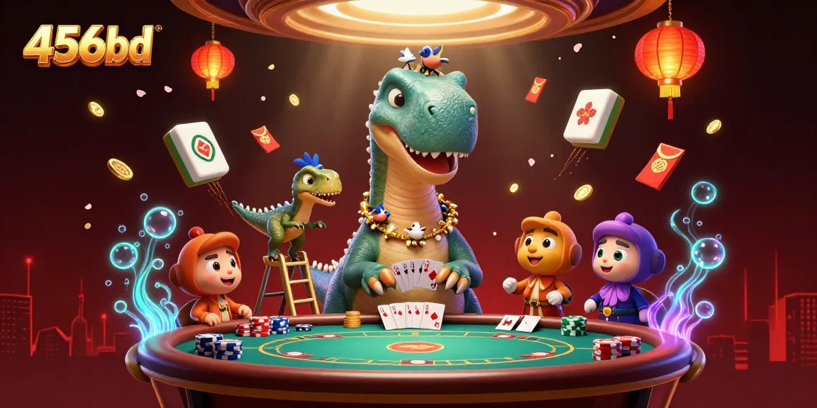 Engage with 456bd's lively casino scene featuring cartoon dinosaurs and poker elements.