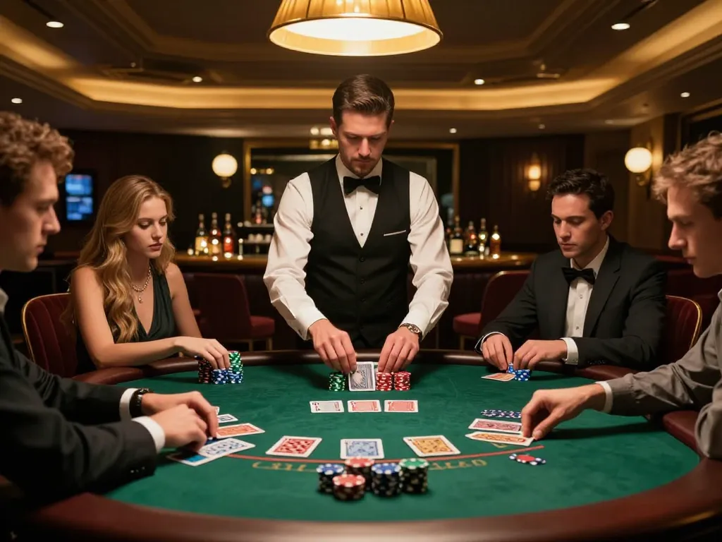 Players strategically placing bets at a blackjack table, featuring luxury decor and an engaging atmosphere, highlighting gk888 gaming experience.