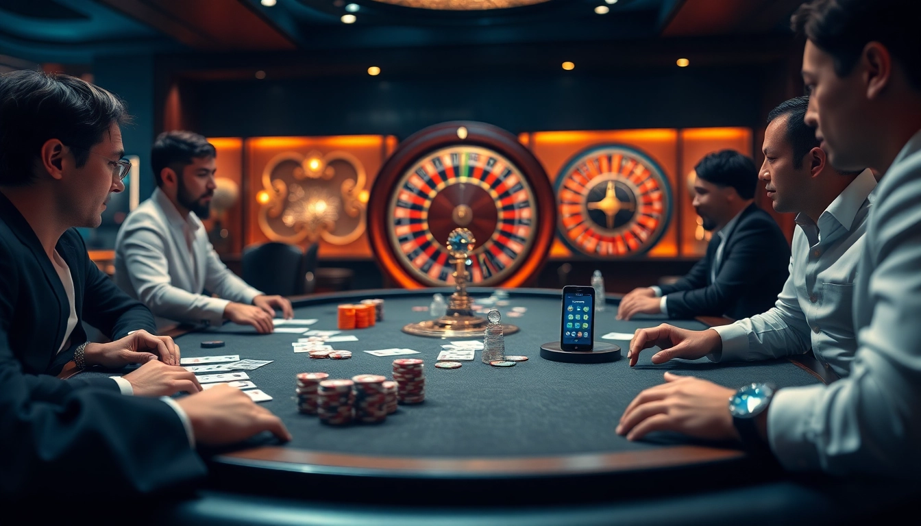 Tải xỉu sunwin gameplay in a vibrant casino setting showcasing poker chips and cards in action.