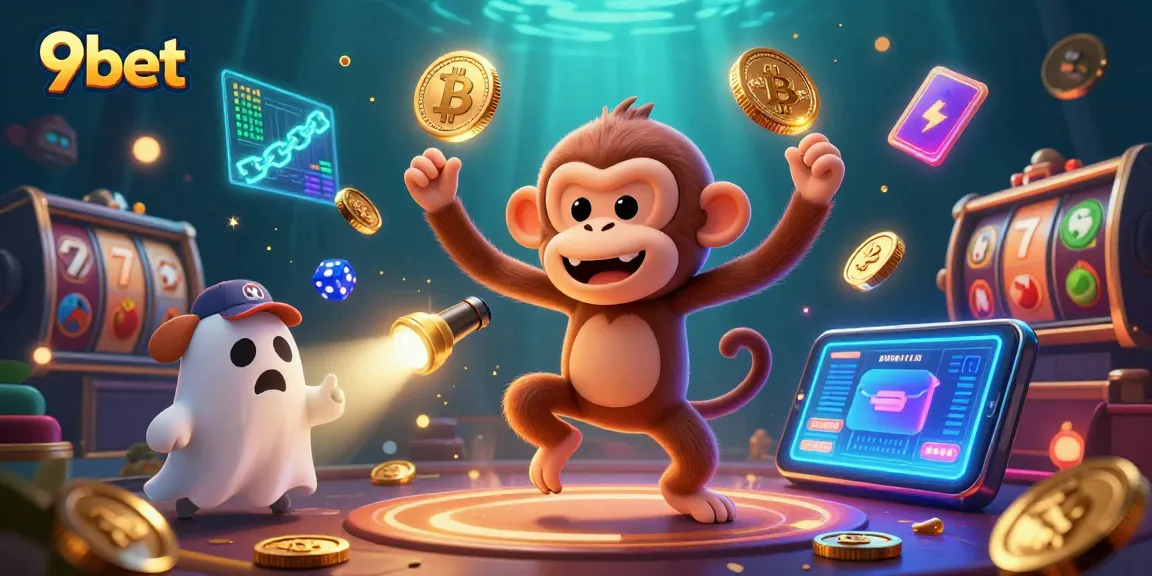 Engage with 9bet's vibrant casino scene featuring a monkey juggling tokens and a puppy on the hunt.