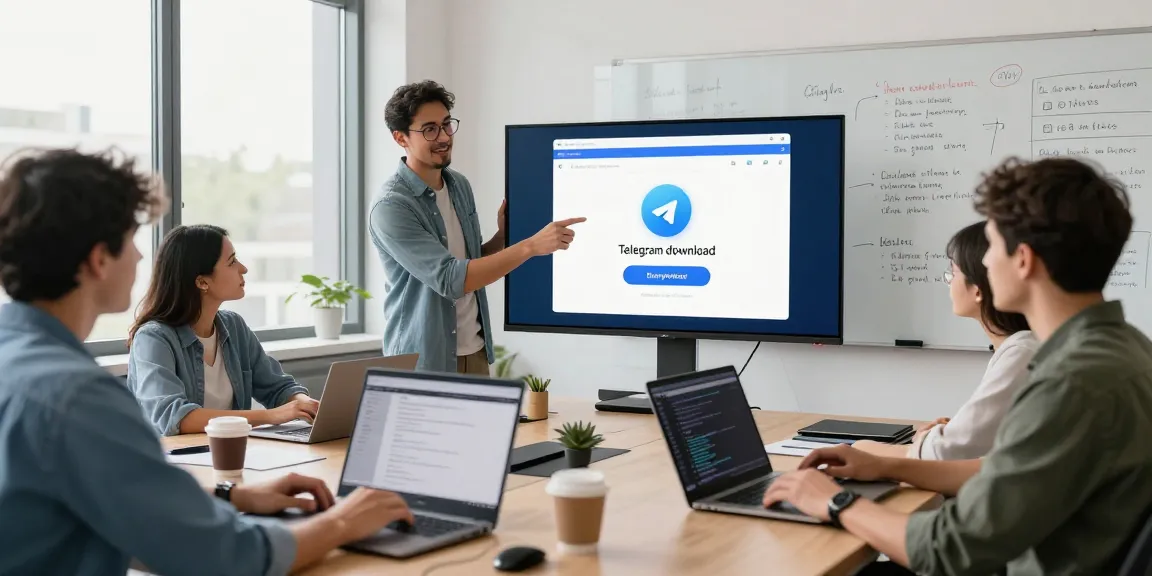 Developers collaboratively discussing Telegram download features in a modern office.