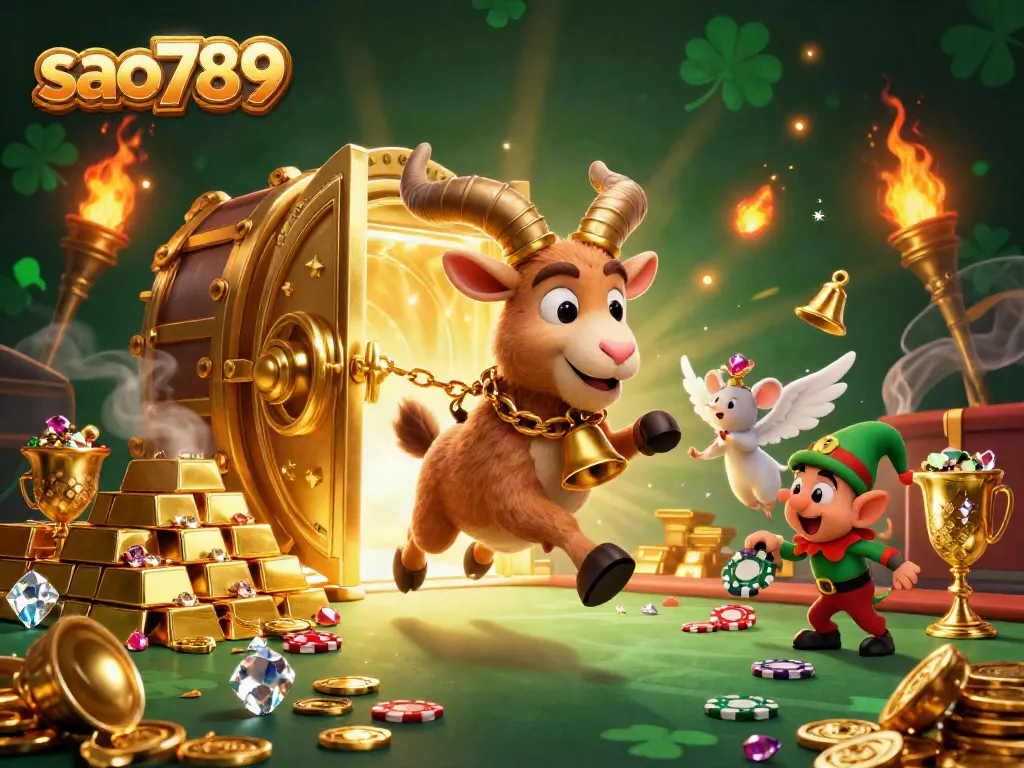 Sao789 presents a lively holiday-horror casino atmosphere with Krampus the goat, angel mouse, and mischievous gremlins.