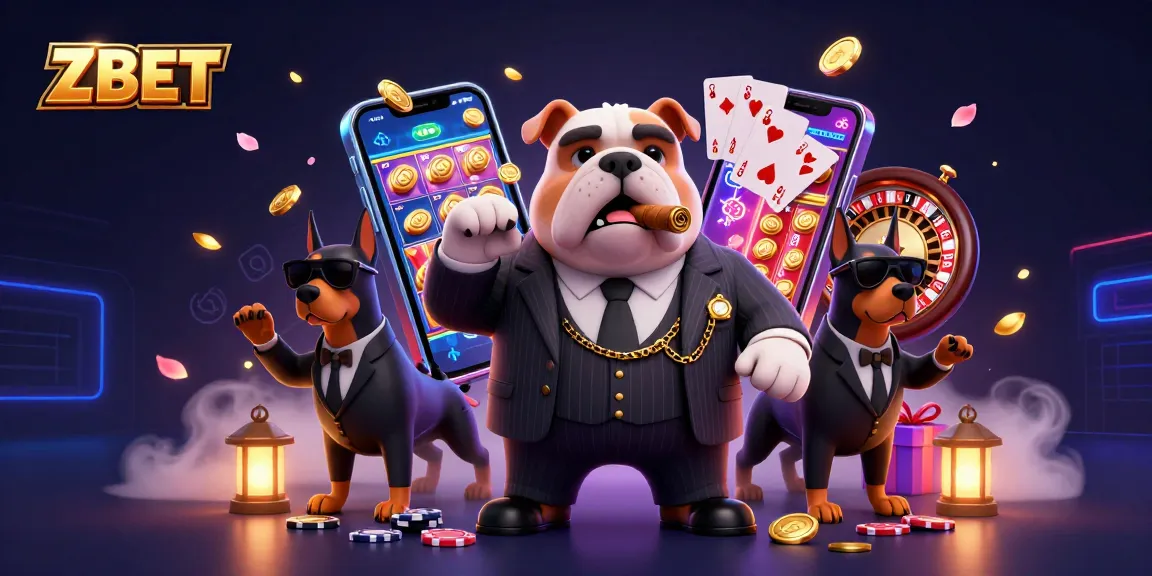 ZBET showcases a vibrant 3D casino scene with a mafia bulldog and dynamic game elements