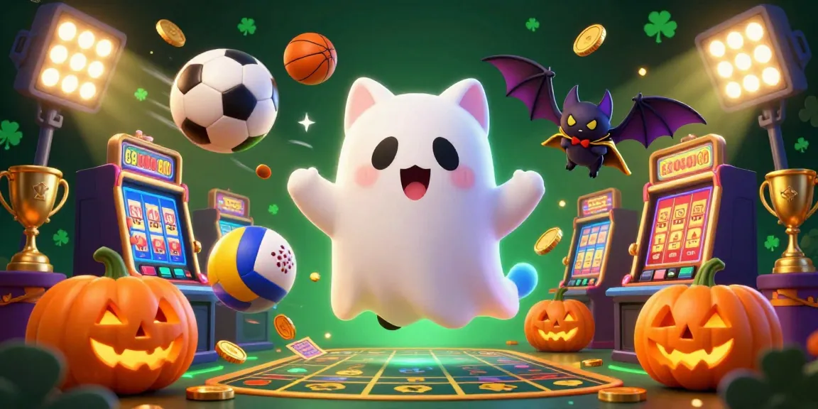 Engage with ku88sss in this vibrant haunted casino scene featuring a ghost cat and dynamic sports elements.
