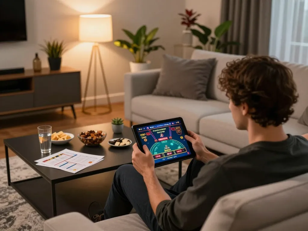 HBET player engaging in online casino gaming with tablet and strategy notes in cozy living room.