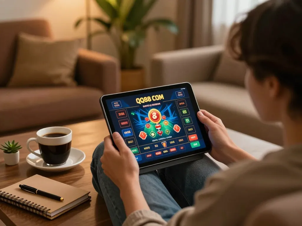 Engaging online gaming session on QQ88 COM with a player focused on a tablet and strategy notes.