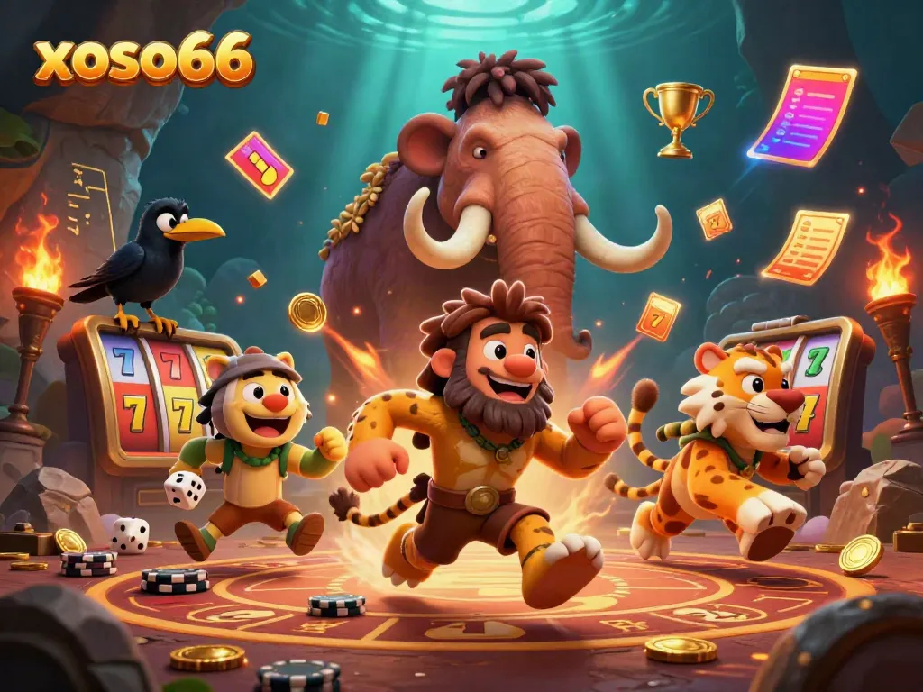 Experience the excitement of xoso66 in a vibrant prehistoric casino scene.