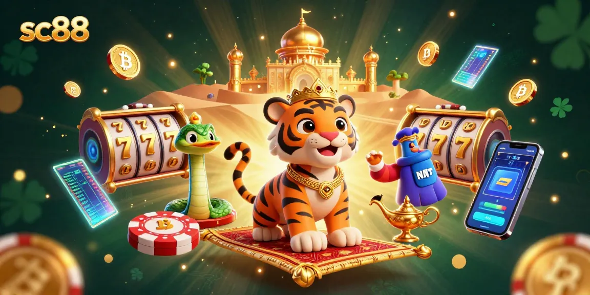 Experience thrilling gaming at SC88 with vibrant slot reels and magical characters in a captivating casino scene.