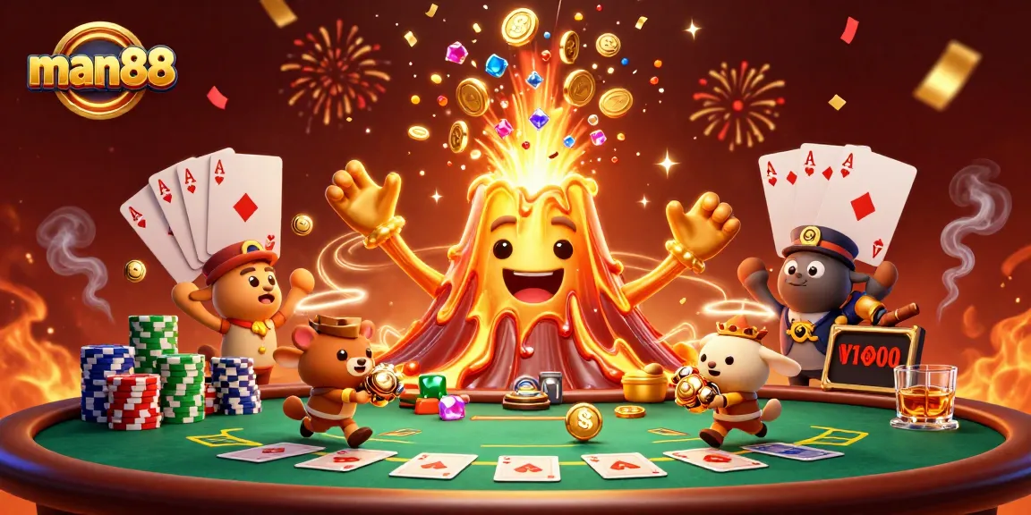 Join the excitement at man88 with a golden volcano erupting treasures and thrilling poker action!