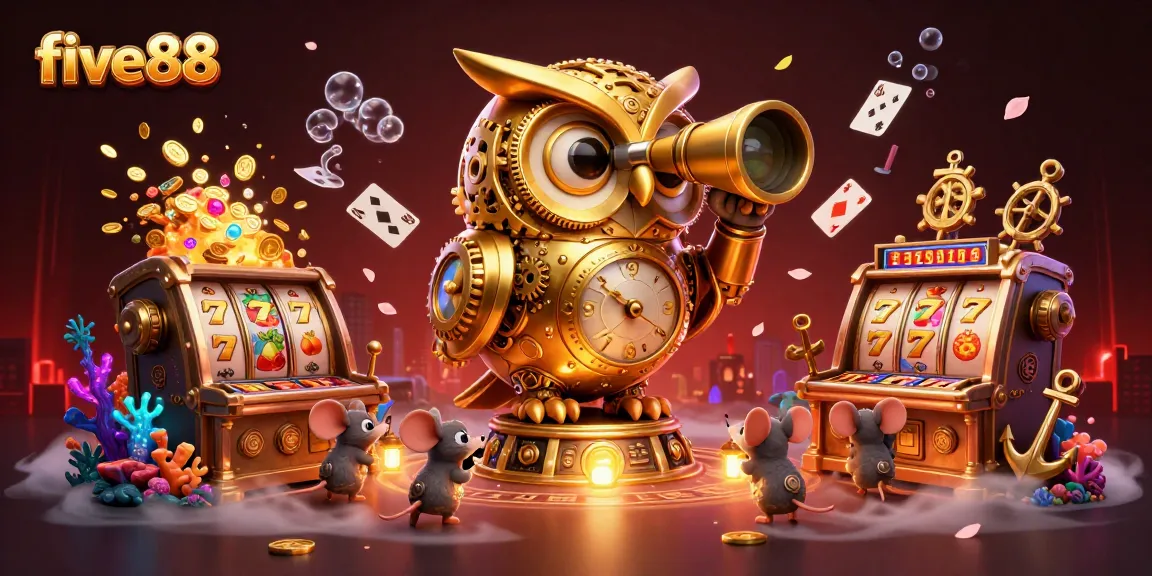 Experience the thrill of five88 with a unique 3D casino art showcasing an owl and lively characters.