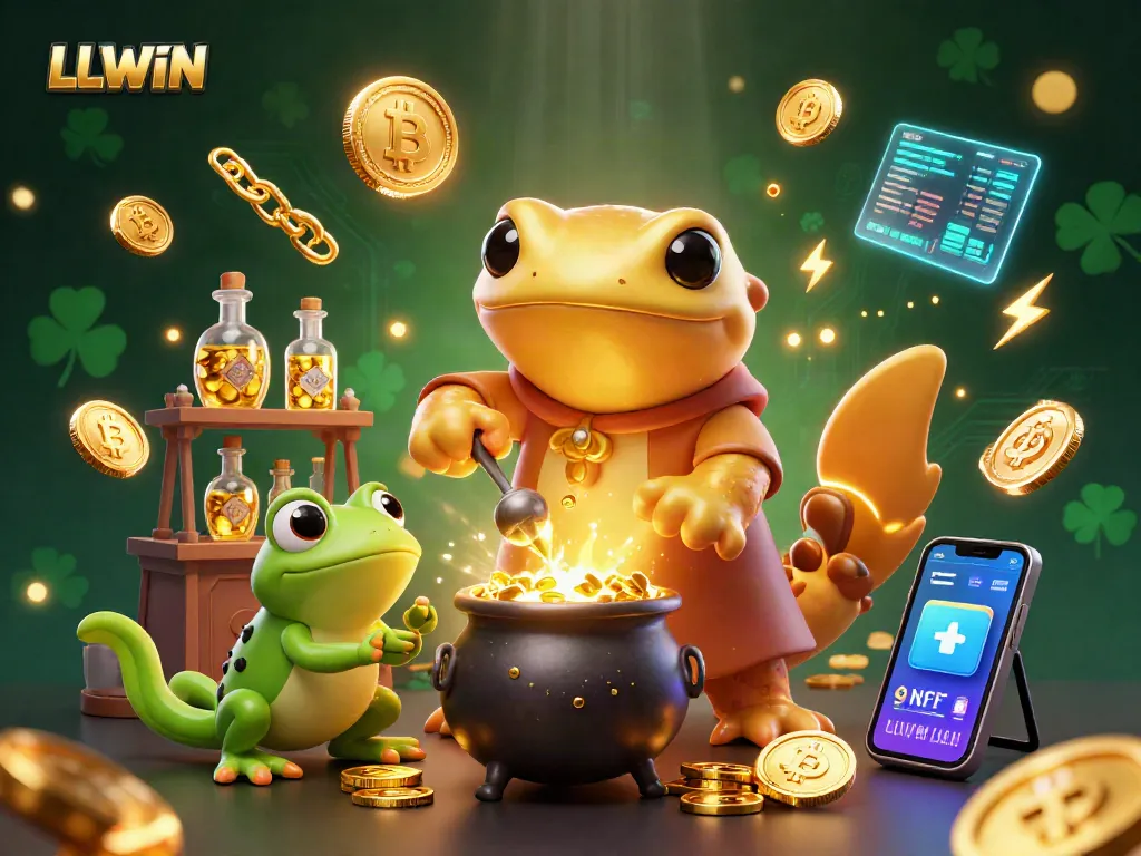 LLWIN presents a vibrant 3D illustration showcasing an alchemist and his frog apprentice transforming metals into gold coins.