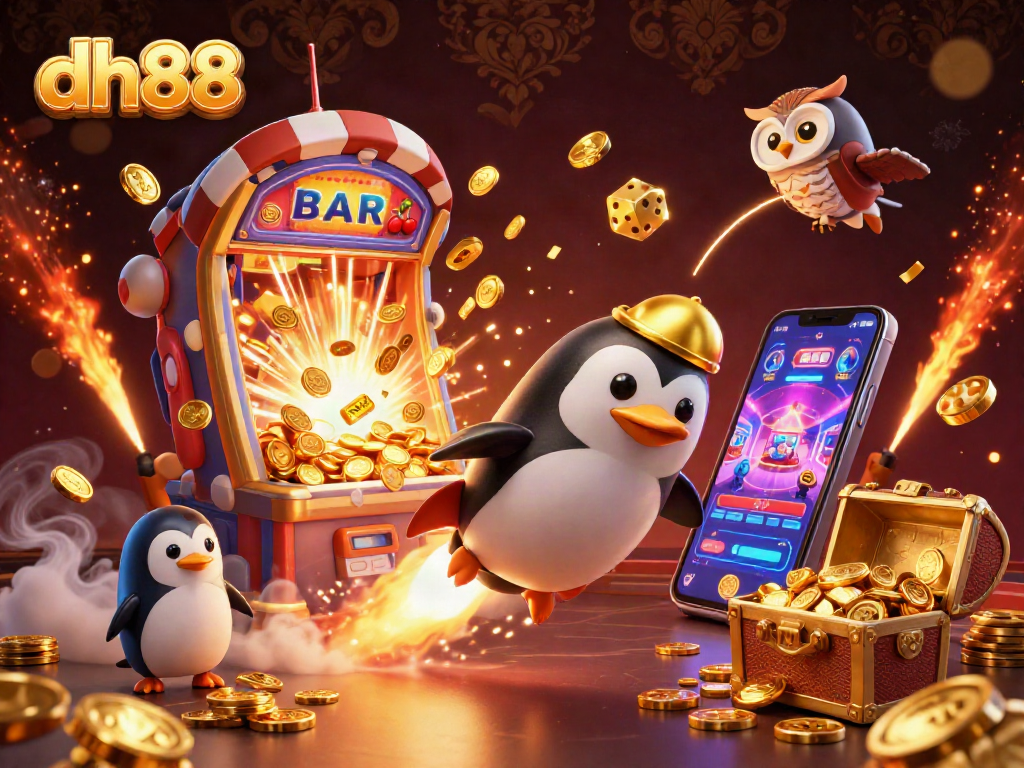 Spinning reels of the dh88 slot machine ignite excitement with golden coins cascading in the jackpot frenzy.
