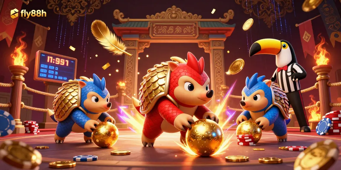 Fly88h pangolins battling with poker chips in a richly detailed casino arena.