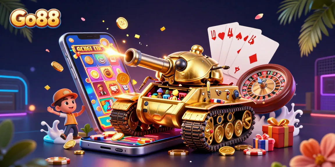 Experience the vibrant world of Go88 as the golden beetle tank reveals a miniature casino scene filled with games and excitement.