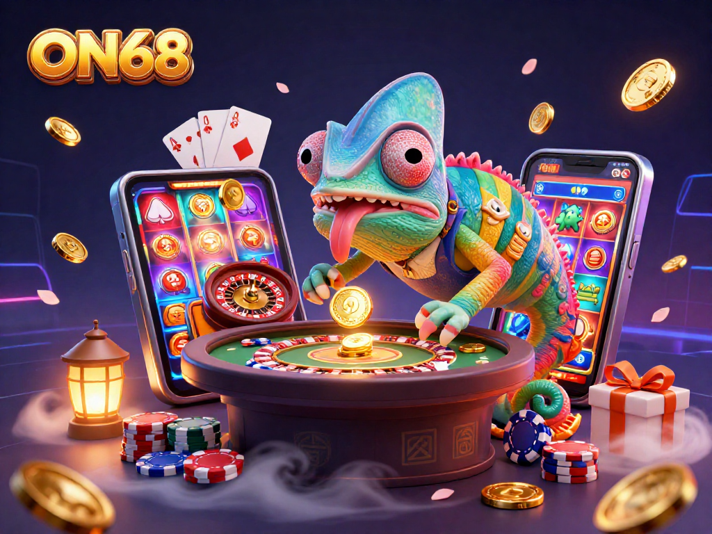 Engage with ON68 as the chameleon casino owner snaps up golden coins surrounded by vibrant casino elements.