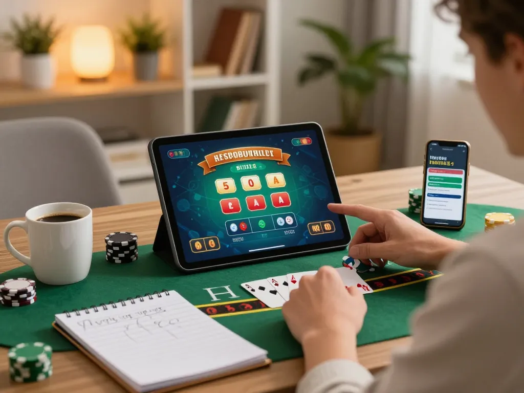 Player enjoying interactive tr88 casino experience on tablet in cozy home setting with strategic notes