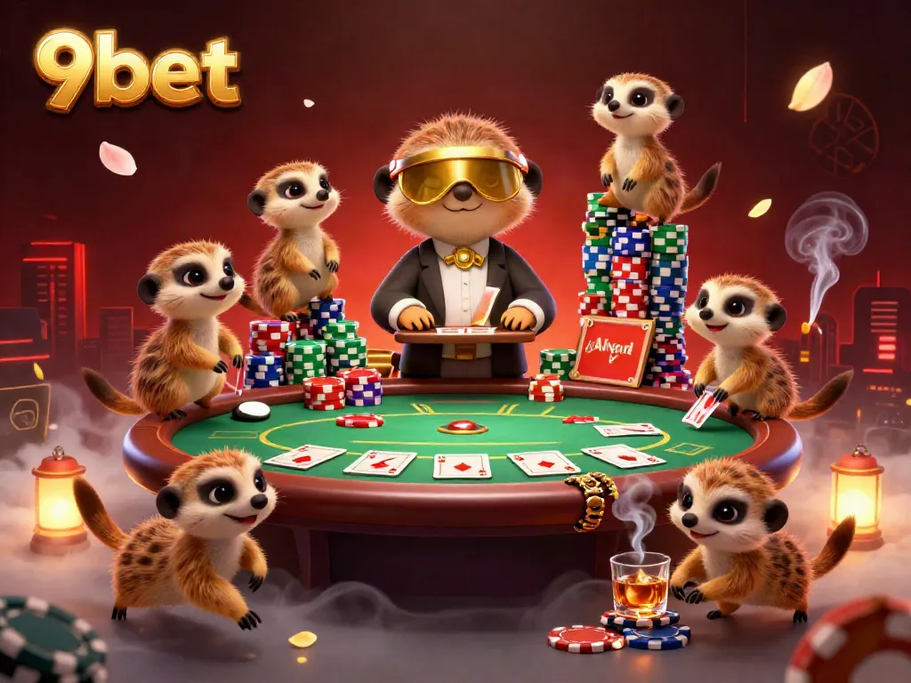 Experience the dynamic world of 9bet as meerkats manage a vibrant casino, showcasing colorful poker elements.