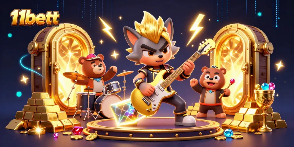 Win big at 11bett with a thrilling 3D casino scene featuring a rock star wolf jamming on stage.