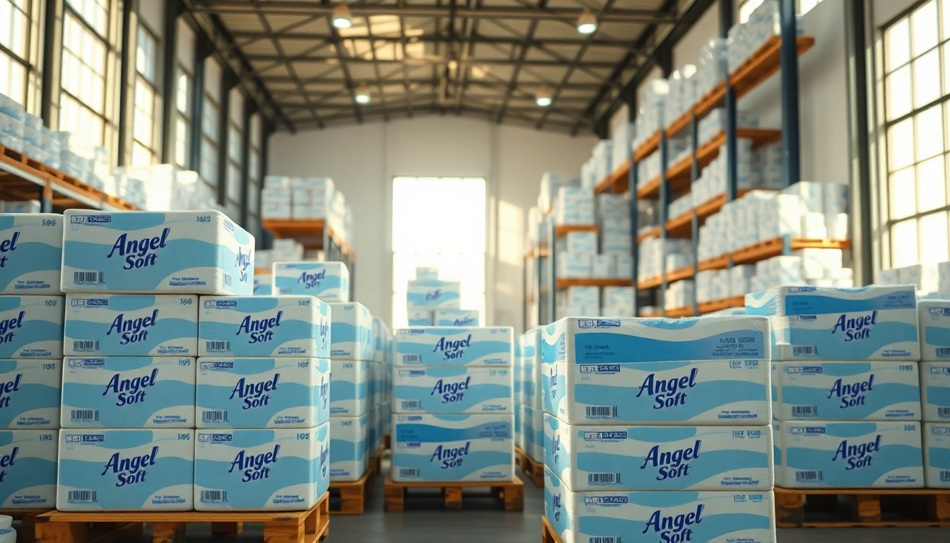 Arrange Angel Soft Toilet Paper Pallets in a clean warehouse setting for a professional display.