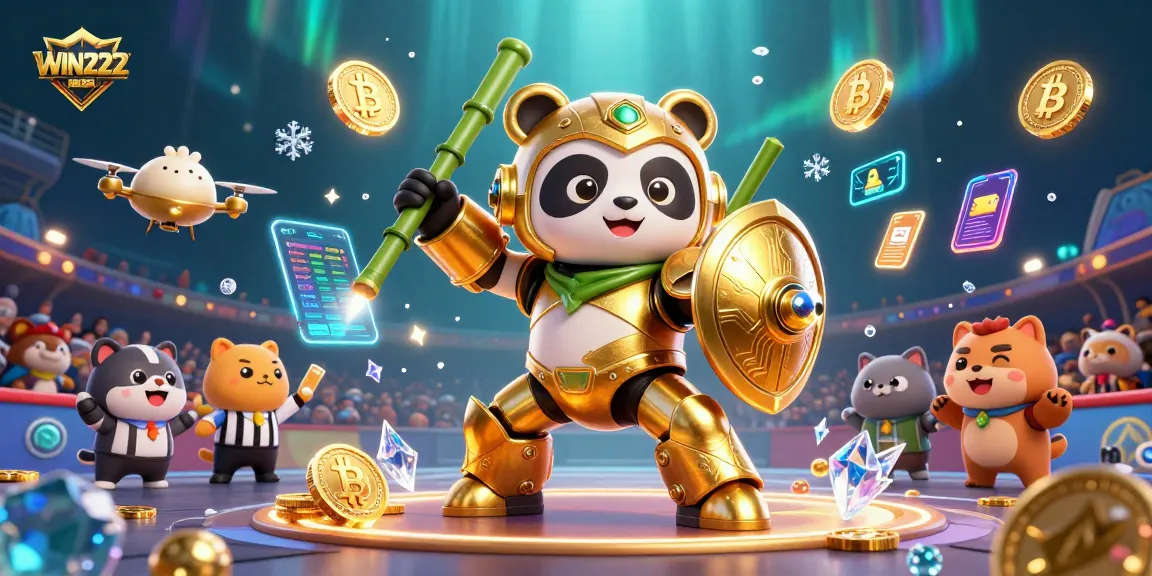 WIN222 engages players with a dynamic illustration of a mech-suit panda amidst crypto and casino themes.