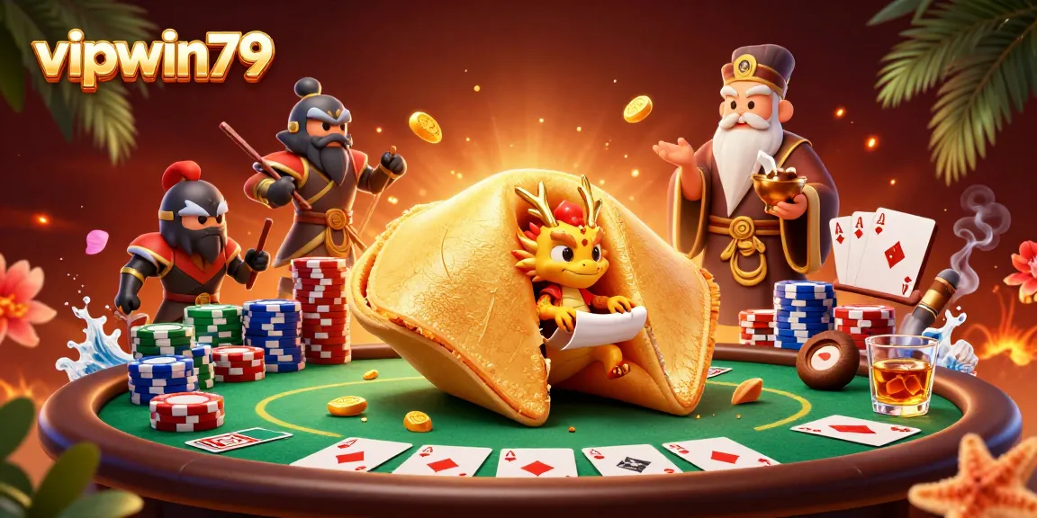 Engage in thrilling gameplay at vipwin79 with a dynamic casino scene showcasing dragons, poker elements and golden fortunes.