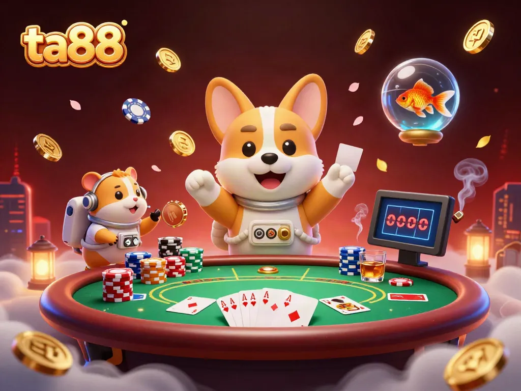 Experience thrilling gaming at ta88 with a cartoon astronaut corgi and friends in a vibrant casino scene.