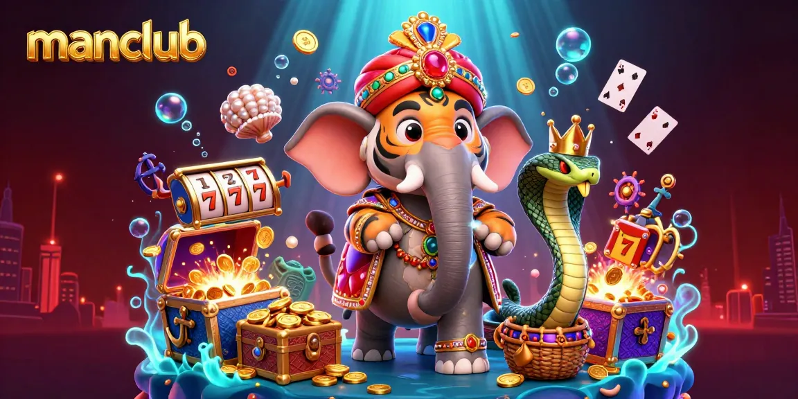 Win big at Manclub with a vibrant casino scene featuring an ornate elephant, playful cards, and dazzling treasures.