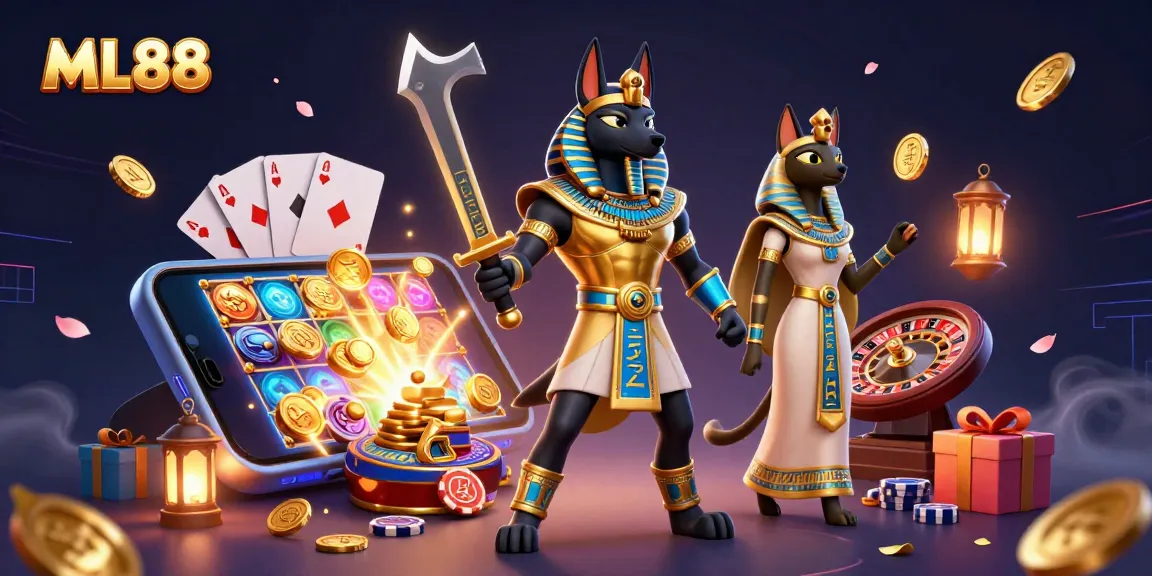 Engage with ML88's thrilling slot games and ancient Egyptian themes in this dynamic illustration.