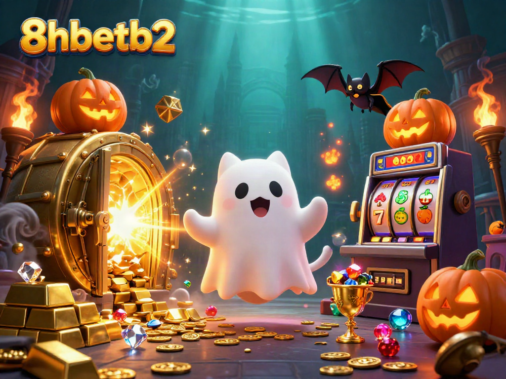 Experience the thrill of slots with the ghostly cat and treasures at 8xbetb2 in this rich casino scene.