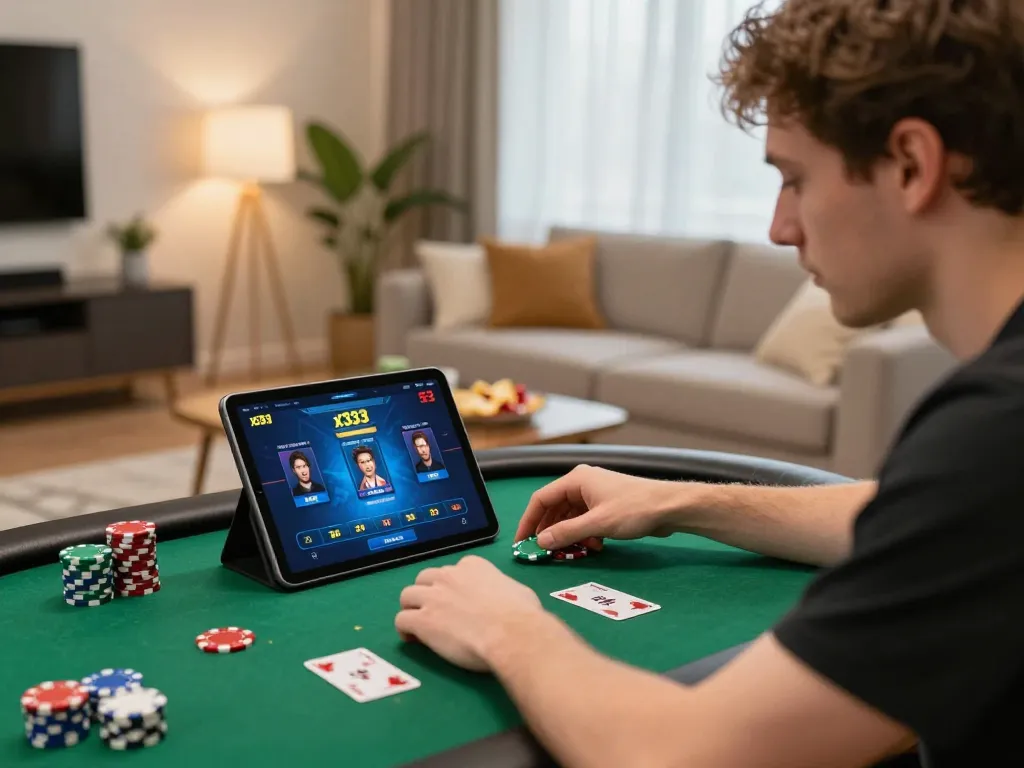 Player engaging with the x333 online casino interface on a tablet in a cozy home setting