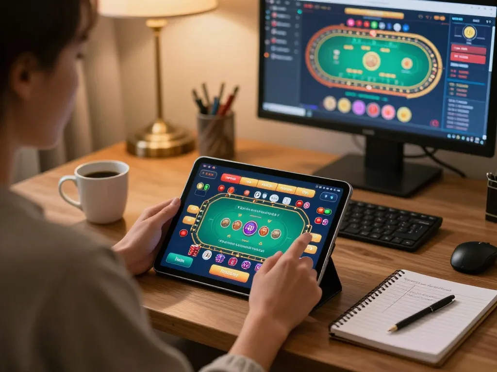 Engaging view of 99ok's online platform as a player uses a tablet for casino games.
